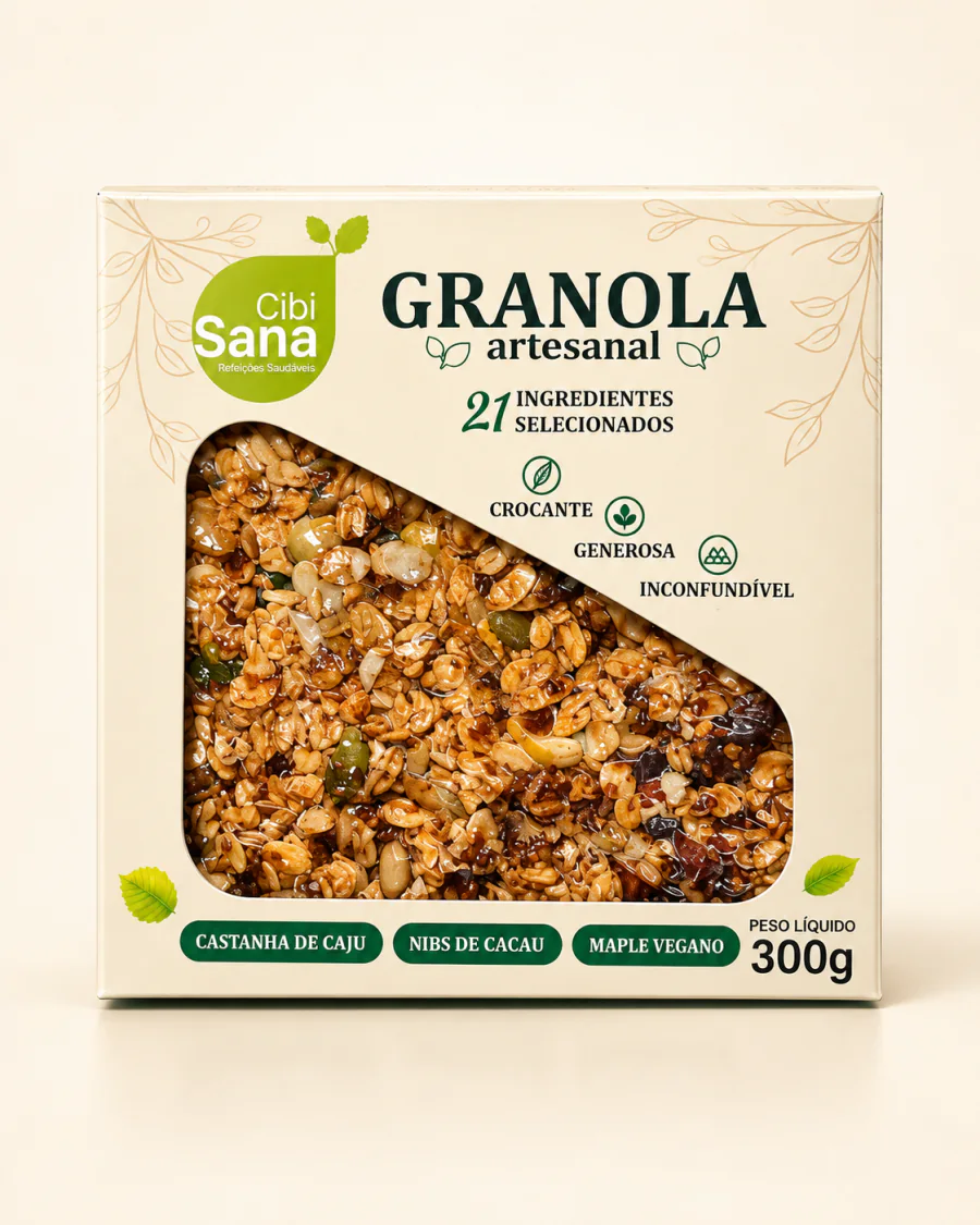 Caixa creme e verde-escuro da Granola artesanal Cibi Sana®